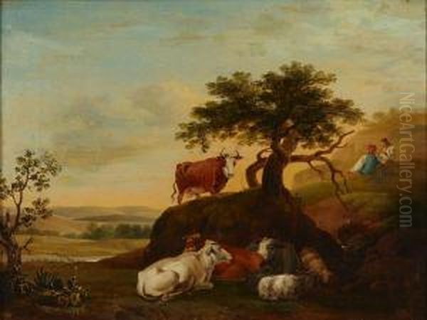 Cattle, Goats And Shepherds Resting On A Hillside Oil Painting by Paulus Potter