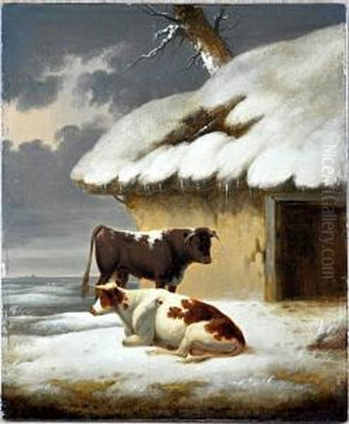 Cattle Before A Barn In Winter Oil Painting by Paulus Potter