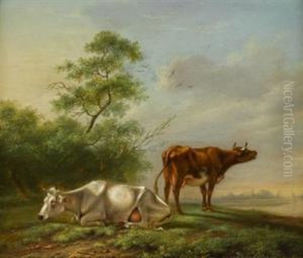 Two Cows In A Landscape Oil Painting by Paulus Potter