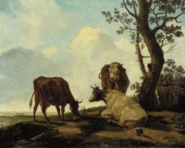 Cattle In A River Landscape Oil Painting by Paulus Potter