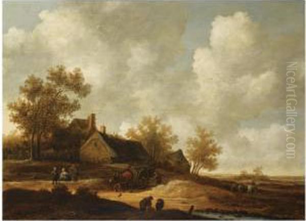 A Dune Landscape With A Farmer With His Horse-drawn Cart, Otherfigures Conversing On A Path Near A Barn Oil Painting by Pieter Symonsz Potter