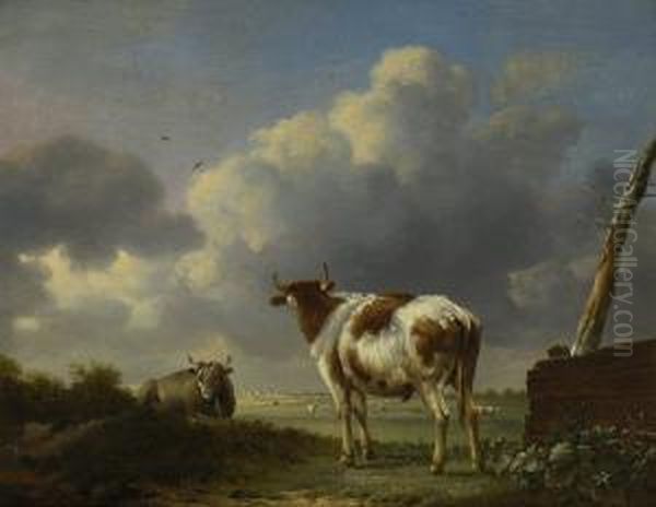 Zwei Rinder Beim Gatter Auf Der Weide Oil Painting by Paulus Potters