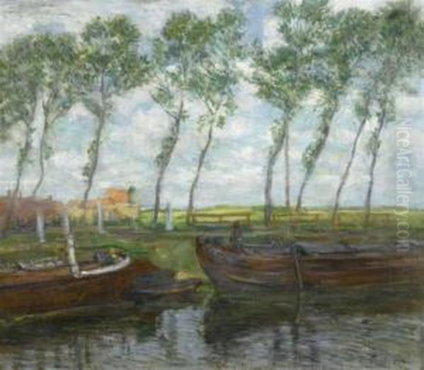 Shore Landscape With Boats. Oil Painting by Emil Pottner