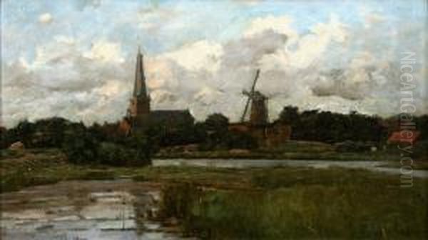 Gezicht Op Een Dorp Met Kerk En Molen. Gesigneerd Oil Painting by Cornelis Pouderoijen