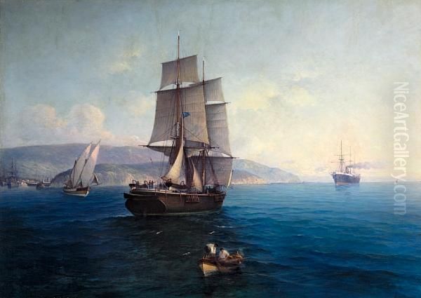 Sailing Ship And Steamer Oil Painting by Ioannis Poulakas