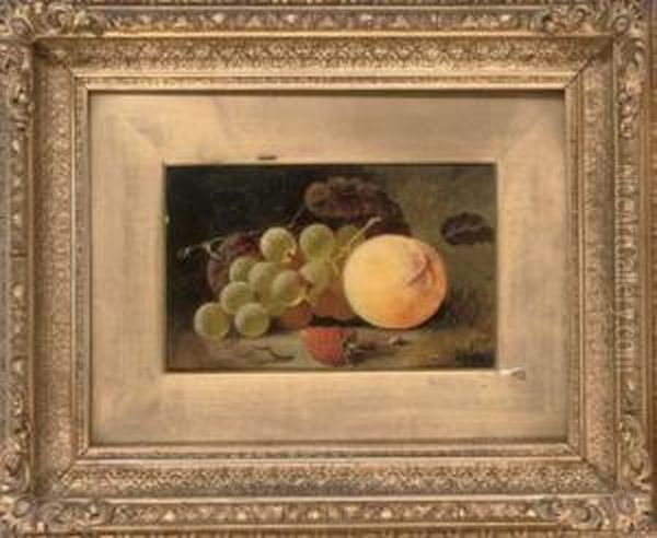 Grapes, A Plum, Peach And Strawberry On A Mossy Bank Oil Painting by James Poulton