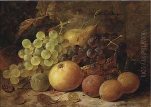 Grapes, Plums, With An Apple, Pear And Raspberry On A Bank Oil Painting by James Poulton