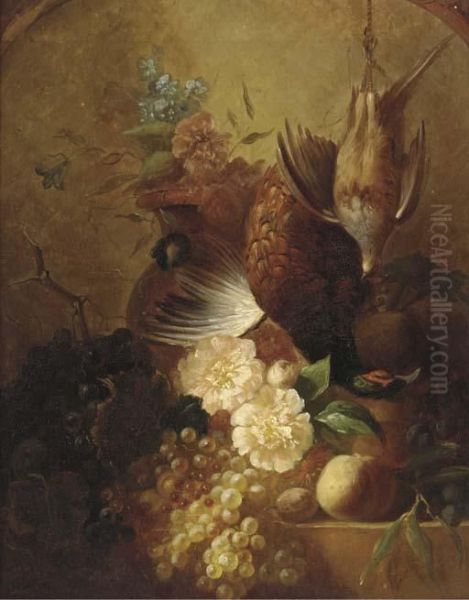 Grapes, Plums, A Peach, A Pheasant And Grouse, On A Marbleledge Oil Painting by James Poulton