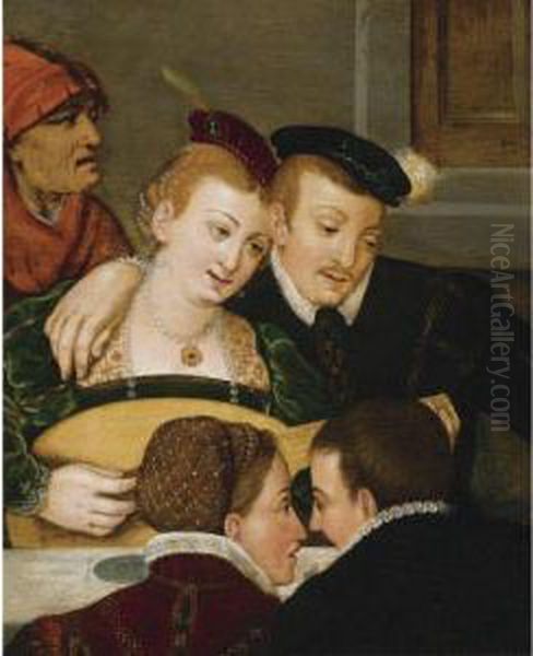 An Amorous Couple Making Music, Together With Another Young Coupleand An Elderly Man Oil Painting by Frans Pourbus