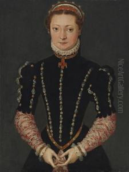 Portrait Of A Lady, Half-length, In A Black Dress Embroidered Withpearls, With A Scarlet And Silver Under Skirt And Sleeves, And Ajewelled Cross Necklace Oil Painting by Pieter Pourbus