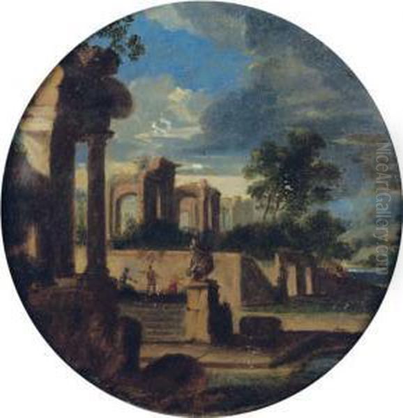 A 'capriccio' Of Classical Ruins In A Stormy Landscape Oil Painting by Jean Lemaire