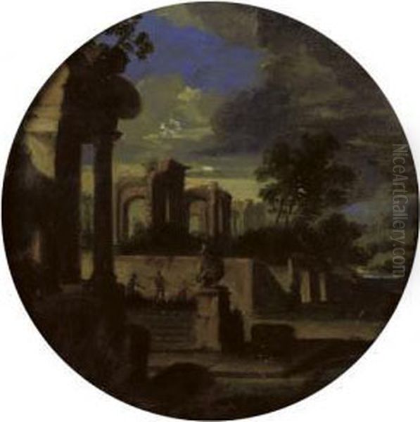 A 'capriccio' Of Classical Ruins In A Stormy Landscape Oil Painting by Jean Lemaire