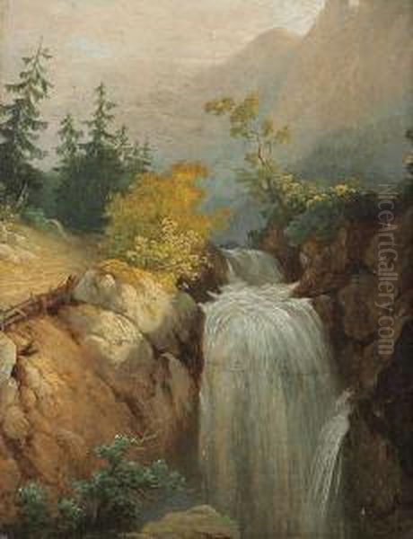 Waterval In Rotsachtig Landschap Oil Painting by Martinus Pouwelsen