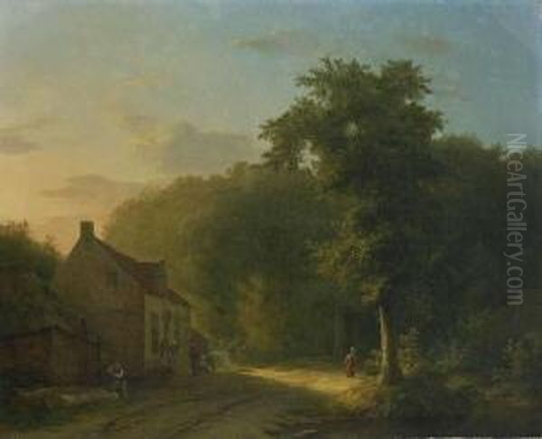 Waldlandschaft Mit Bauernhaus Und
 Figurenstaffage. Oil Painting by Martinus Pouwelsen