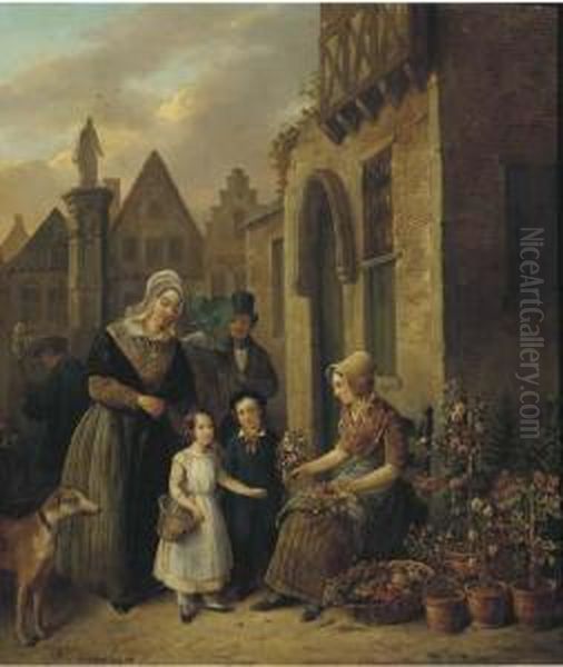 Children Buying Flowers For Mummy Oil Painting by Willem Pouwelsen