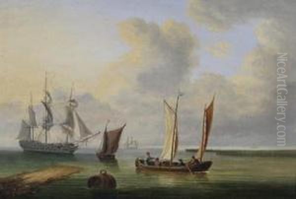 Dutch Fishing Boats And A Three-master Off The Coast Oil Painting by Charles Martin Powell