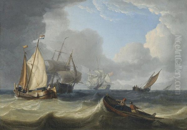 Dutch Fishing Smacks And Trading Vessels Off The Coast In A Heavy Swell Oil Painting by Charles Martin Powell