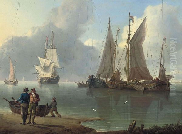 Dutch Hoys And A Warship At Anchor Off The Low Countries Oil Painting by Charles Martin Powell