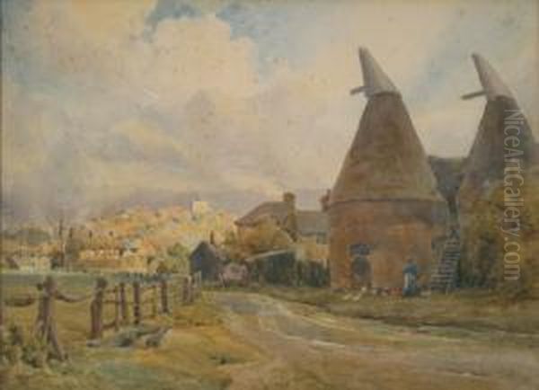 Landscape With A Woman Feeding Chickens Outside Oast Houses, Late 19th Century Watercolour, Signed, Approx 27cm X 37.5cm Oil Painting by Joseph Rubens Powell