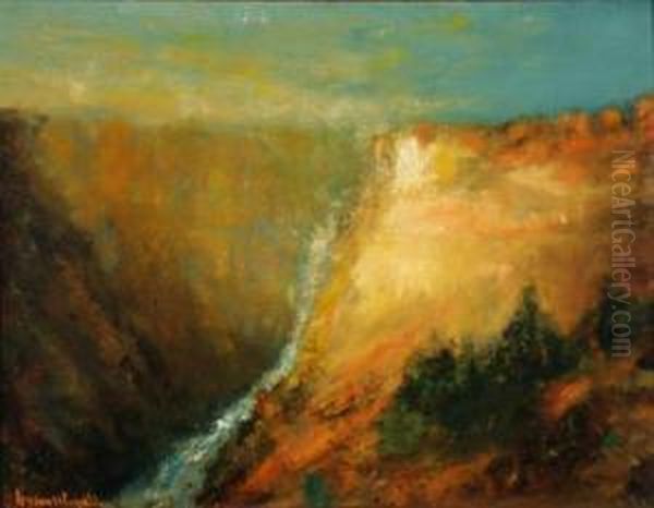 View Of Grand Canyon With Waterfall Oil Painting by Lucien Whiting Powell