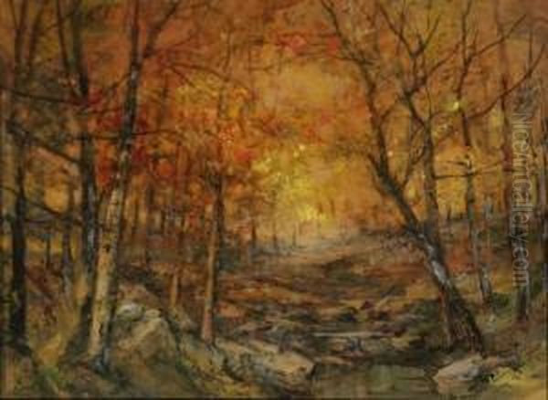 Path In An Autumn Forest Oil Painting by Lucien Whiting Powell