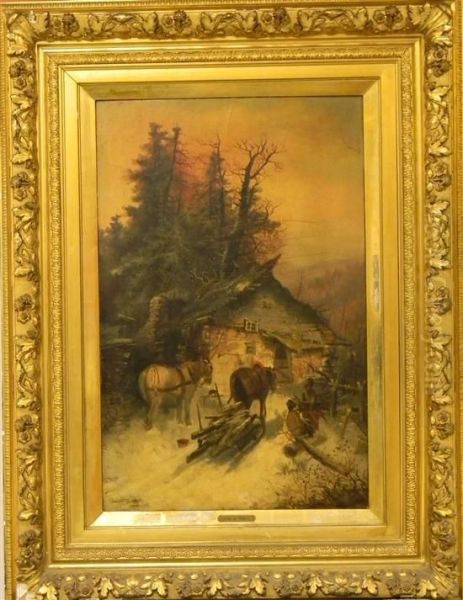 Winter Scene Withhorse Drawn Sled With Wood Near A Cottage And Figure Oil Painting by Lucien Whiting Powell