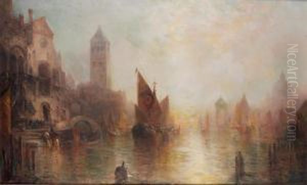 Venetian Canal Oil Painting by Lucien Whiting Powell