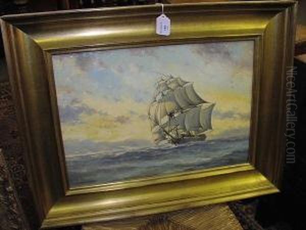 A Three Masted Sailing Ship Running Before A Good Breeze Oil Painting by Peter Power