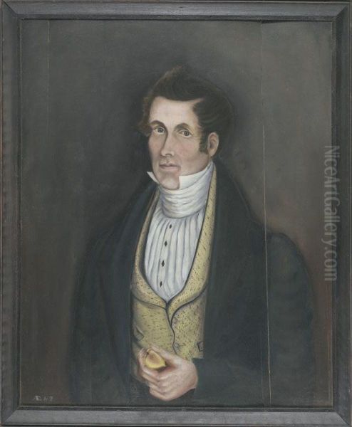 Portrait Of A Dark-haired Gentleman With High White Stock, Diamond-shaped Buttons, Yellow Vest Holding A Peach Oil Painting by Asahel Lynde Powers