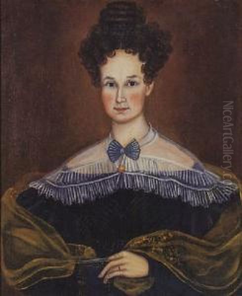 New England Lady With Blue Bow And An Elaborate Coiffure Oil Painting by Asahel Lynde Powers