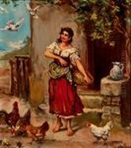 Dando De Comer A Las Gallinas Oil Painting by Emilio Poy Dalmau