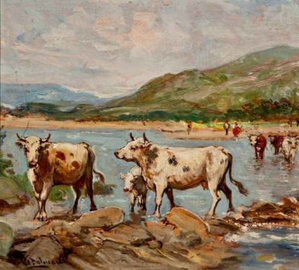 Vacas Vadeando El Rio Oil Painting by Emilio Poy Dalmau