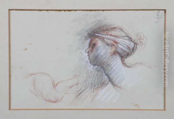 Head And Shoulders Sketch Of A Girl Wearing A Scarf On Her Head Oil Painting by Sir Edward John Poynter