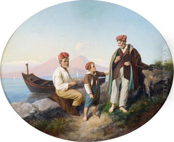 Pescatori Con Veduta Del Vesuvio Oil Painting by Giacomo Pozzi