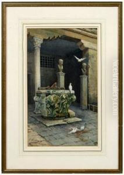 Architectural Elements With Doves And
Sculptural Busts Of Two Men Oil Painting by Edith Pradez