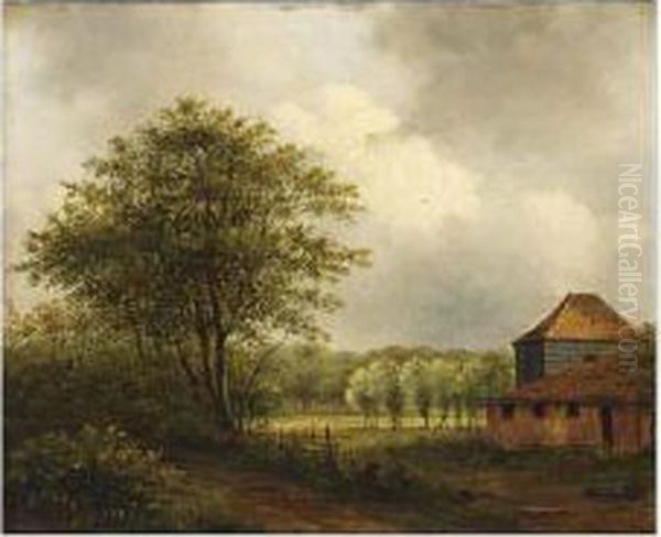 A Barn In A Wooded Landscape Oil Painting by Pieter Ernst Hendrik Praetorius