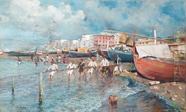 Spiaggia Con Barche E Pescatori Che Issano Le Reti Oil Painting by Attilio Pratella