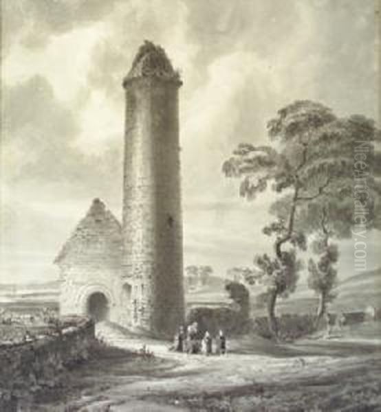 Round Tower And Chapel At Clonmacnoise Oil Painting by Charles Vallancey Pratt