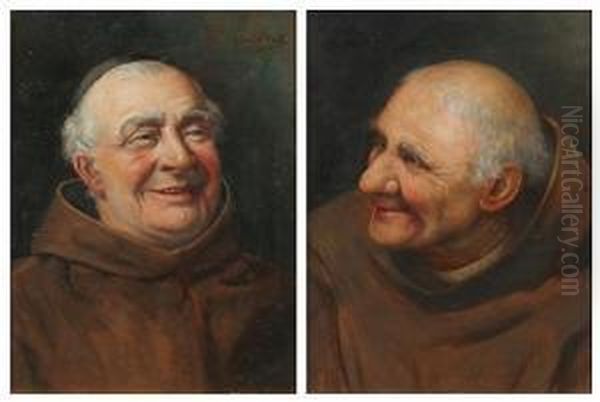 A Pair Of Portraits Of Smiling Monks Oil Painting by Claude Pratt