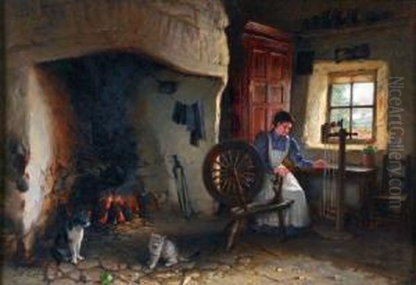 Cottage Interior With Lady Spinning And Cat And Kitten By Fireside Oil Painting by Jonathan Pratt