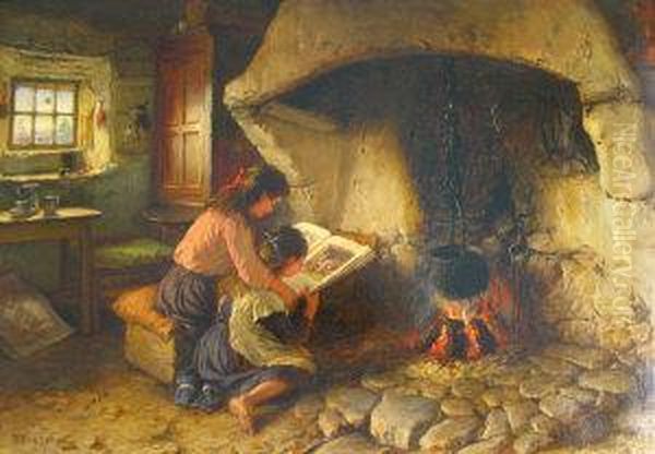 A Cottage Interior With Two Children Reading A Book By The Fire Oil Painting by Jonathan Pratt