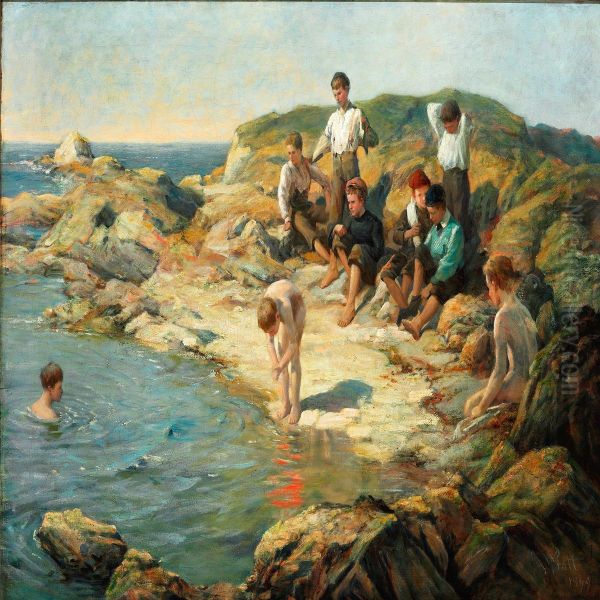 Boys Swimming At A Rocky Coast Oil Painting by William Pratt