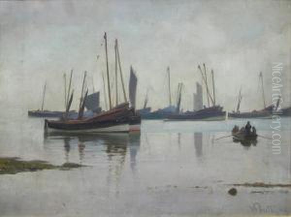 Fishing Boats On A Still Sea Oil Painting by William Pratt