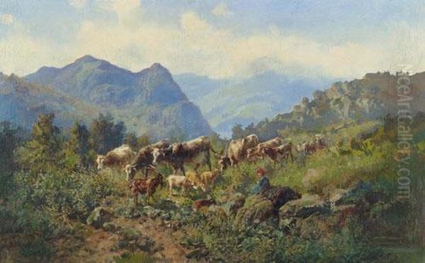 Mountain Landscape With Goats And Young Herdswoman. Oil Painting by Ambrogio Preda