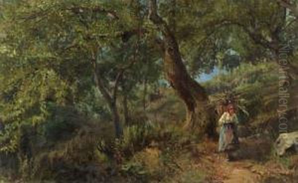 Waldlandschaft Mit Tessinerin. Oil Painting by Ambrogio Preda