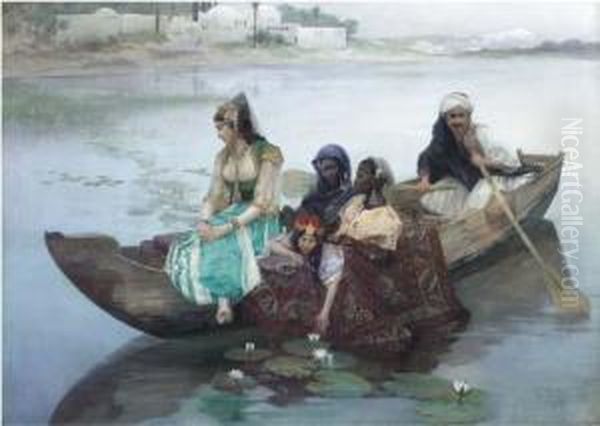 An Oriental Noblewoman And Her Entourage On A Barge Oil Painting by Ferdinand Max Predt