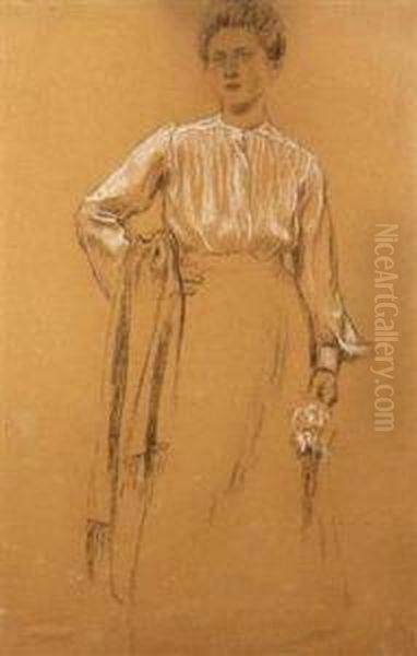 A Study Of A Girl Oil Painting by Jan Preisler