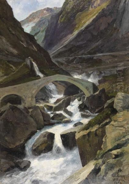 Alte Brucke Auf Dem Gotthard Bei Goschenen (teufelsbrucke) Oil Painting by Friedrich Ii Preller