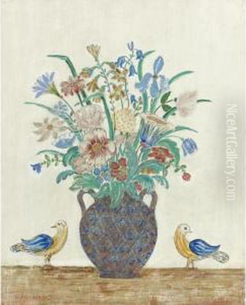 Flowers In A Blue Painted Vase With Bird Oil Painting by Charles Prendergast