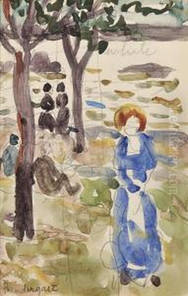 Double-sided Sketchbook Page: Figures Beneath Trees At The Shore Oil Painting by Maurice Brazil Prendergast